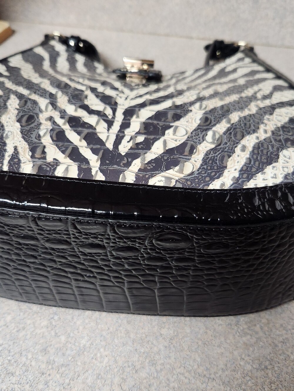 Brahmin Black & White Zebra-Print Patent Shoulder Bag- Fallon - Picture 5 of 11